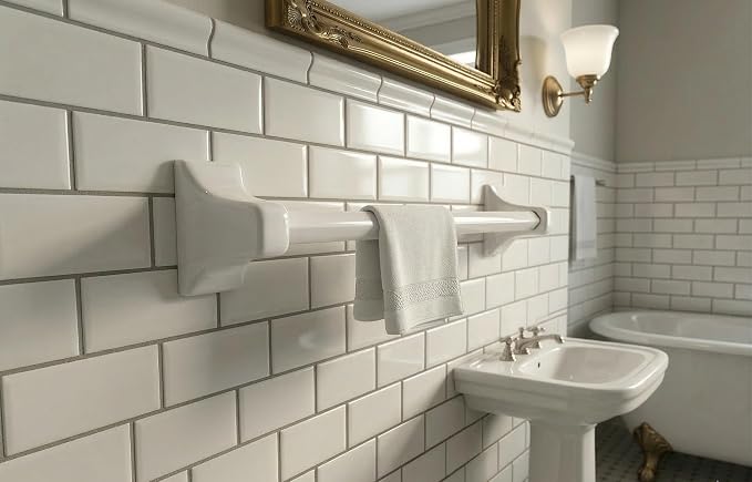 Tenedos White Glazed Ceramic Bathroom Accessory Kit - Not for Flat Surface Installation (Towel Bar)- There is an Insert that goes Inside wall- Professional Installation Needed