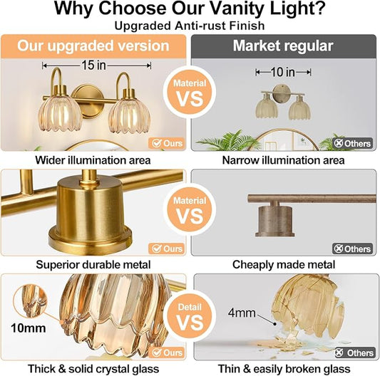Bathroom Light Fixtures, 2-Light Brushed Gold Vanity Lights for Bathroom with Ribbed Amber Tulip Glass Shade, Vanity Lights Over Mirror for Bedroom, Living Room, Hallway
