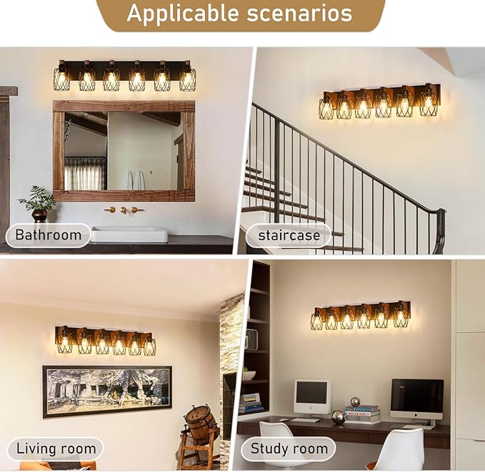 RVONOW 6-Light Farmhouse Vanity Light Fixtures Over Mirror, Black with Cage Metal Shade, Vintage Rustic for Bathroom, Hallway