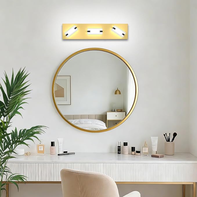 LED Bathroom Light Fixtures, 3-Light Modern Vanity Lights with Milky White Frosted Acrylic Shades, Gold Bathroom Lighting Fixtures Over Mirror, ETL Listed, 20W 5CCT Adjustable