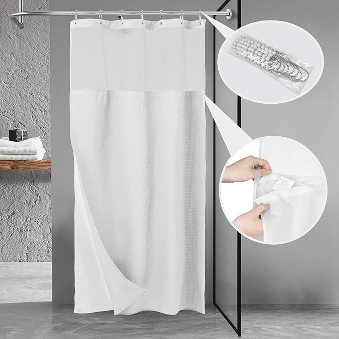 N&Y HOME Stall Waffle Weave Shower Curtain with Snap-in Liner White 36x72 | 12 Hooks & Snap on Fabric Liner, Washable, Mesh Window, Hotel Style, 36 x 72 Small Stall Size Shower Curtain Set for Bathroom