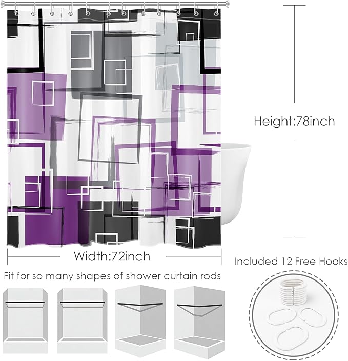 Purple Geometric Modern Shower Curtain for Bathroom,Grey Black and White Abstract Striped Shower Curtain with Hooks Mid Century Minimalist Bathroom Shower Curtain Set,78L X 72W inches