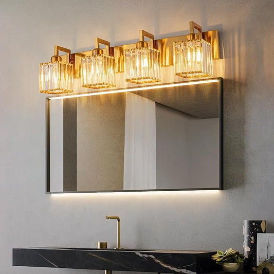 Modern Crystal Bathroom Vanity Light 4-Lights Gold Brushed Brass Finish Modern Crystal Wall Lamp Bathroom Vanity Lighting