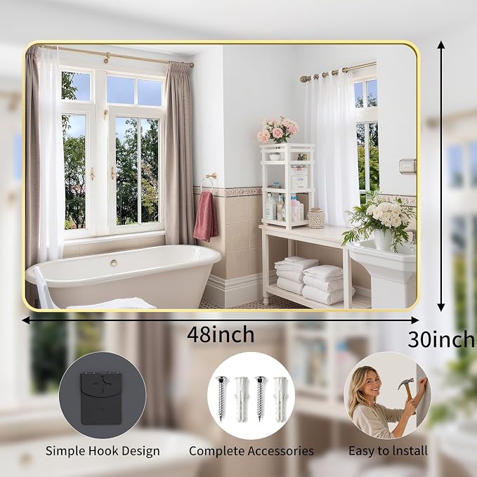 Bathroom Mirror for Wall, 30"x48" Black Bathroom Mirror for Over Sink, Shatterproof Tempered Glass Vanity Mirror with Anti-Rust Aluminum Alloy Frame, Hang Horizontally or Vertically, Gold
