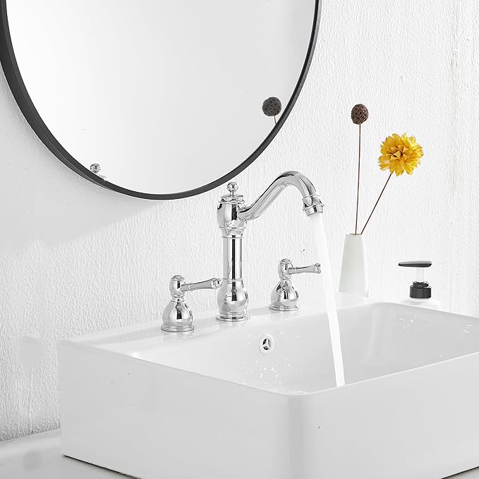 GGStudy 2 Handles 3 Holes Faucet Widespread Bathroom Sink Faucet Basin Tap Mixer Supply Hose Included Matching Pop Up Drain Polished Chrome