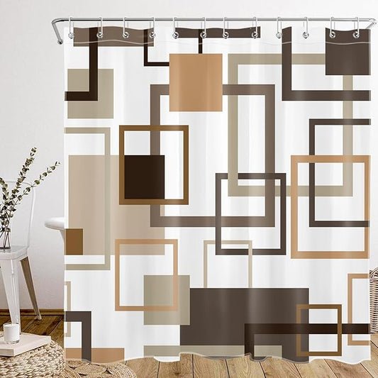Tan Geometric Abstract Shower Curtain for Bathroom Decor, Brown Vintage Geometric Textured Shower Curtain Set Modern Minimalist Bathroom Curtains Hooks Included, 72W x 78L inches