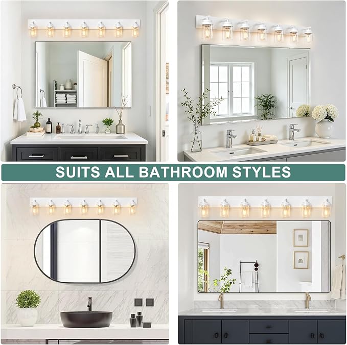 IZORRO Bathroom Vanity Light Fixture, 7-Light 52 inch White Bathroom Light Fixtures Over Mirror, with Clear Glass Shade, Modern Farmhouse Vanity Lights, Rustic Restroom Lighting Fixtures