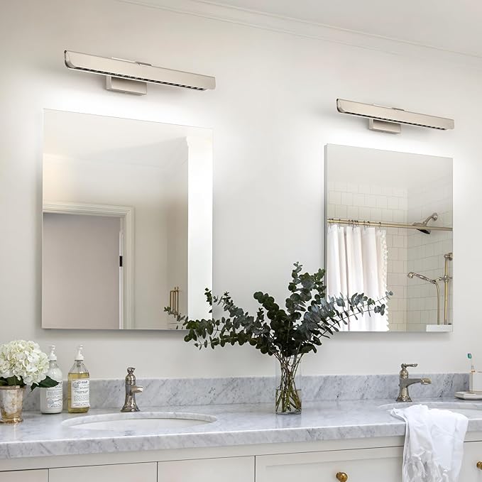 24" Brushed Nickel LED Vanity Light Bar for Bathroom Mirror, Dimmable 6000K White, Modern Wall Fixture for Bathroom & Bedroom Lighting Over Mirror, Hardwired Installation