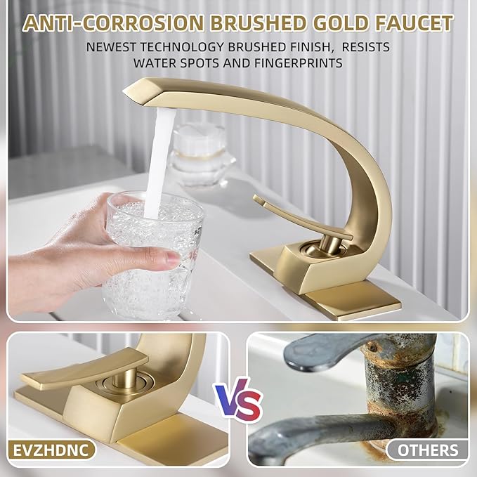 Brushed Gold Bathroom Sink Vanity Elegance Swan Faucet for 1 Hole With 6-Inch 3 Hole Deckplate,Rikaziya Bathroom Fixtures Basin Mixer Faucets Centerset With 9/16" Supply Hose and to 1/2" Adapter Combo