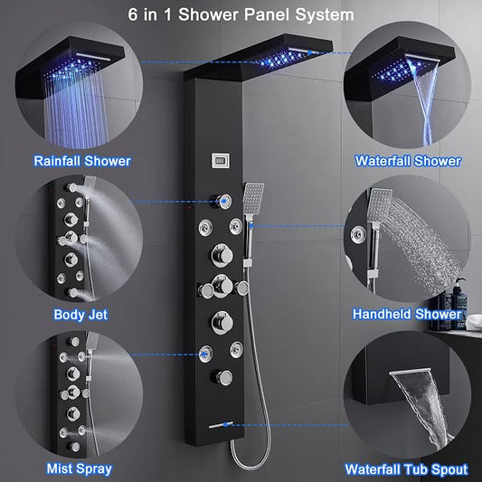 POPFLY 6 In 1 LED Shower Panel Tower System, 8 Body Massage Jets, 304 Stainless Steel Wall Mount Rainfall & Waterfall Shower Column Towers with Temperature Display, Tub Spout, Black