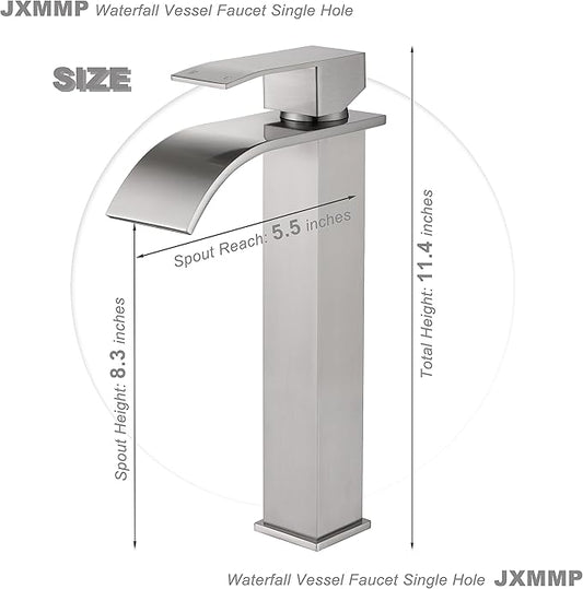 Vessel Sink Bathroom Faucet, Brushed Nickel Single Hole Waterfall Sink Faucets with Supply Hose and Pop Up Drain, Tall Waterfall Faucet for Bathroom Sink, JXM1221BN