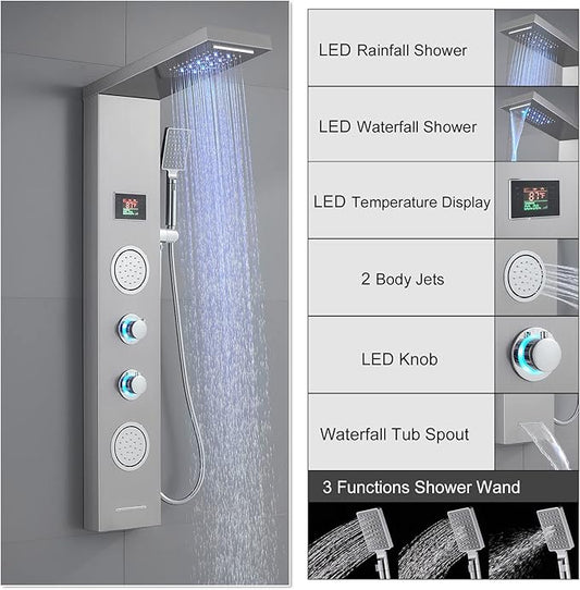 ROVATE Shower Panel Tower System with LED Rainfall Waterfall Shower Head, 5-in-1 LED Stainless Steel Shower Panel System with Body Massage Jets, Handheld Shower and Tub Spout, Brushed Finish