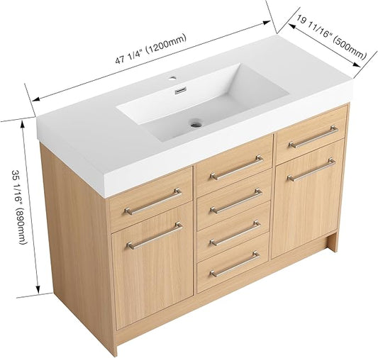 48" Bathroom Vanity with Sink - Freestanding Bathroom Sink Cabinet, 2 Soft Closing Doors & 6 Drawers, Original Oak Plywood (KD-Packing)