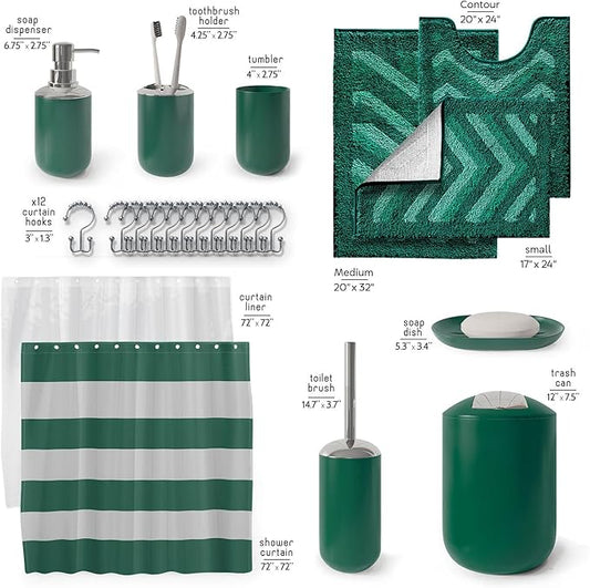 Clara Clark Bathroom Accessories Set - 23PC Shower Curtain Set with Bathroom Trash Can, Green Bathroom Set, Bathroom Sets with Shower Curtain and Green Rugs