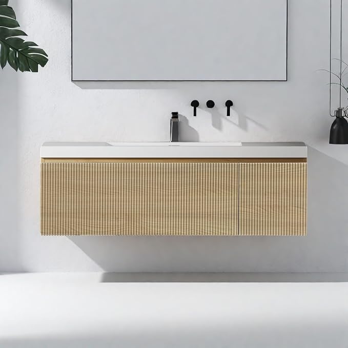 Wall Mounted Bathroom Sink Vanity, Modern 48" Floating Vanity with Resin Basin, U-Shaped Soft-Close Storage Drawer & Side Door, Striped Bathroom Storage Cabinet with Invisible Handle, Wood