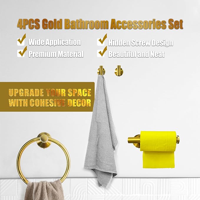 4Pcs Gold Bathroom Accessories Set, Brushed Gold Bathroom Hardware with Toilet Paper Holder,Towel Ring & Robe Hooks,Wall Mounted Stainless Steel Bathroom Hardware for Modern Home