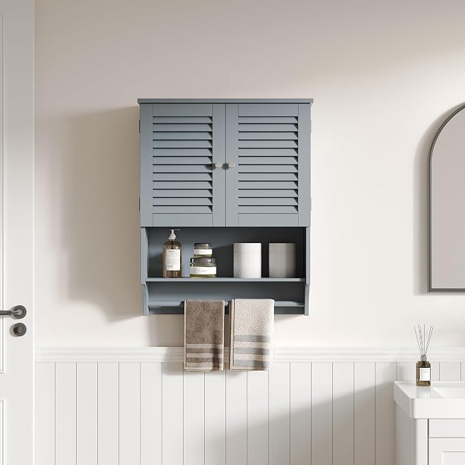 ChooChoo Bathroom Wall Cabinet with Towel Bar and Ample Storage | 23.6"L x 7.9"W x 27.5"H MDF Medicine Cabinet, Over The Toilet Space Saver Storage Cabinet with Adjustable Shelf, Grey