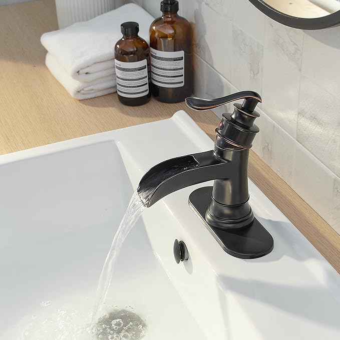 Oil Rubbed Bronze Waterfall Bathroom Faucet Single Handle Bathroom Faucets | 1 Hole or 3 Hole Sink Brass Waterfall Faucet for Vintage Antique Lavatory Washroom with Pop Up Drain Deck Plate by BATHLAVISH