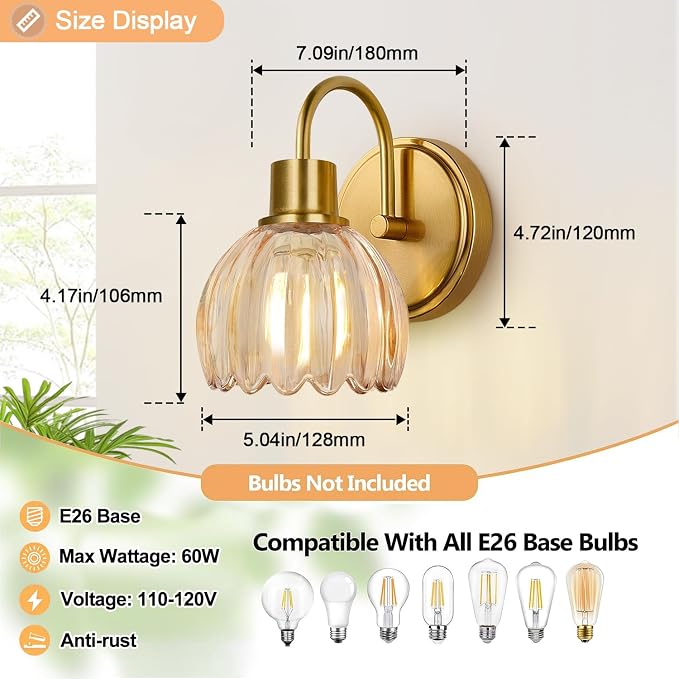 2-Pack Brushed Gold Bathroom Vanity Light, Single-Head Wall Sconce with Ribbed Amber Tulip Glass Shade, Vintage Bathroom Light Fixtures for Bedroom, Hallway & Bedside (Bulbs Not Included)