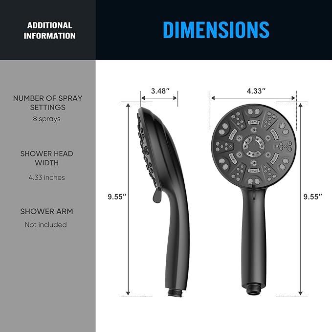 Cobbe 8-Setting Handheld Shower Head, Water-Saving Design, Matte Black | Trickle Pause Mode, 5ft Stainless Steel Hose, Brass Swivel Bracket, Tool-Free Installation