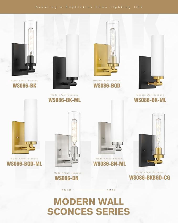 Emak Bathroom Sconces Set of 2, Black and Gold Wall Sconce with Milk Glass Shade, Modern Farmhouse Bathroom Light Fixtures for Living Room, Bedroom, Gallery, WS086-BKBGD-ML-2PK