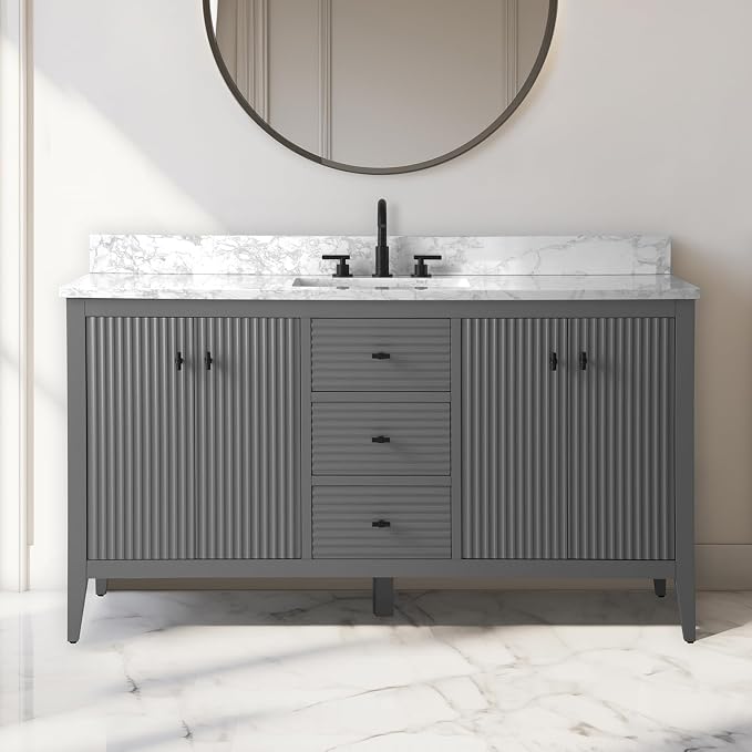 Vanity Art 60 inch Bathroom Vanity with Single Sink & Ceramic Top, Vanity Cabinet with Soft-Closing Door, Solid Wood Frame, Linear Pattern, Cashmere Gray, VA9160-SG-MB,Matte Black Handles
