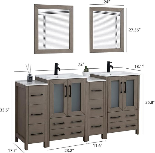 HOMEBEYOND 72 Inch Modern Bathroom Vanity with Sink & Mirror, Double Sink Vanity Cabinet with Basin and Mirror, Dove-Tailed Drawers, Soft-Closing Doors, Wood, Driftwood Gray