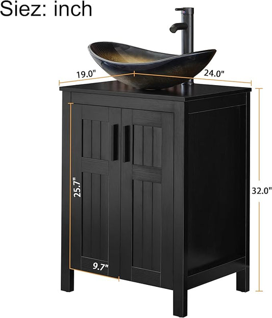 UEV Black 24" Bathroom Vanity with Sink Combo,Modern Freestanding Sink Cabinet,Stylish Bathroom Vanity Cabinet,Grooved Double Doors,Metal Handles,Champagne Boat Tempered Glass Vessel Sink(029CH)