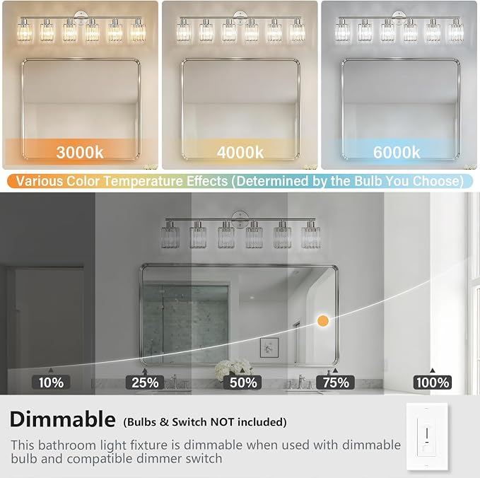 6 Light Bathroom Light Fixtures, Modern Crystal Vanity Lights over Mirror | Metal Frame, Bathroom Light with Square Crystal Shade, ETL Certified, E26 Ceramic Socket, Bulbs Not Included