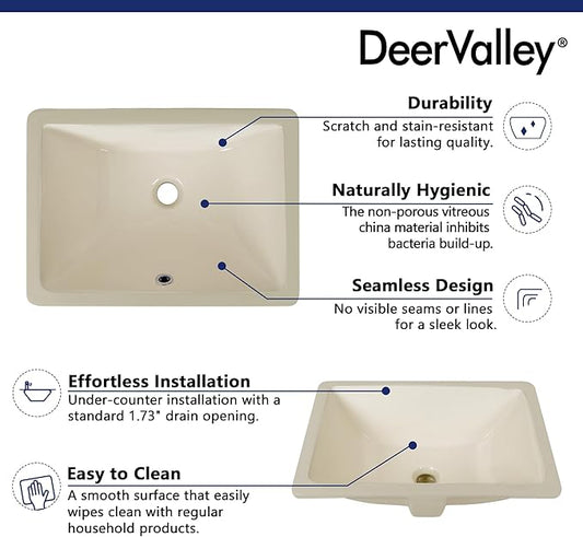 DeerValley DV-1U306BN Undermount Bathroom Sink 18'' x 13'' Rectangular Ceramic Sink Bathroom Wash Basin with Overflow Hole
