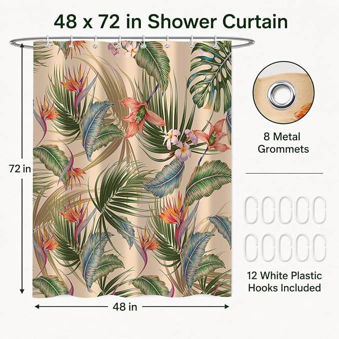 Tropical Shower Curtain, Colourful Leaves Floral Palm Leaf Hawaiian Botanical Plant Bathroom Decor, Waterproof Cloth Fabric Bath Curtain with Hooks 48 x 72 inch