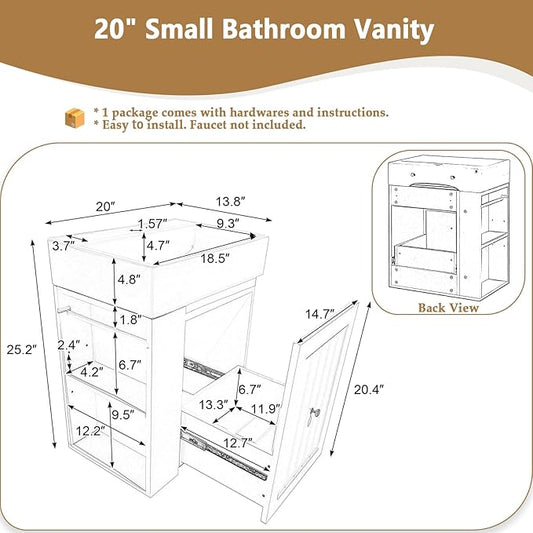 20" Floating Small Bathroom Vanity with Sink, Wall Mounted Vanity for Compact Bathrooms, Space-Saving Narrow Bathroom Vanities with Soft-Close Drawer Open Shelf Towel Bar (Black,20" Floating Drawer)