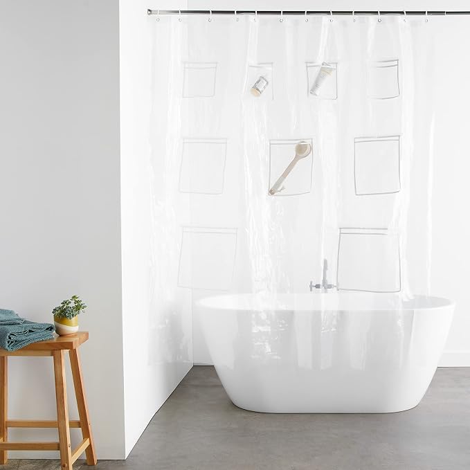 Amazon Basics 8-Gauge PEVA Shower Curtain or Liner with Mesh Storage Pockets - 72" x 72", Clear (Pack of 10)