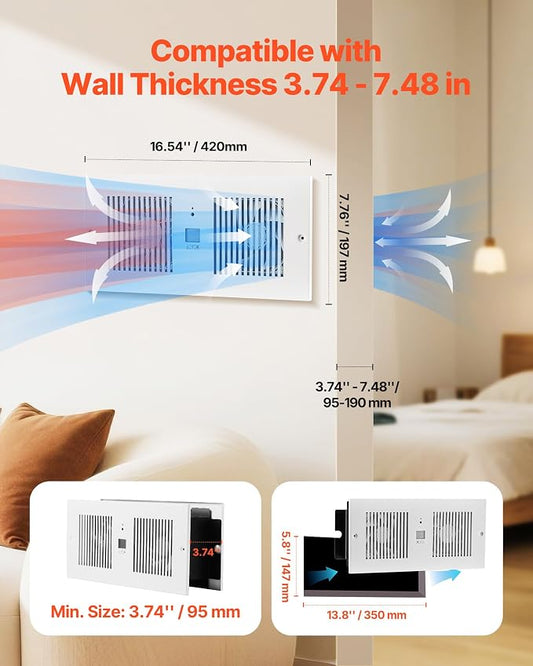 VEVOR Room to Room Fan, Intake & Exhaust Dual Airflow Through-the-Wall Fan with Remote & Temperature Control, 300 CFM 10-Speed Ventilation Quiet In-Wall Vent for Living, Laundry Room Indoor