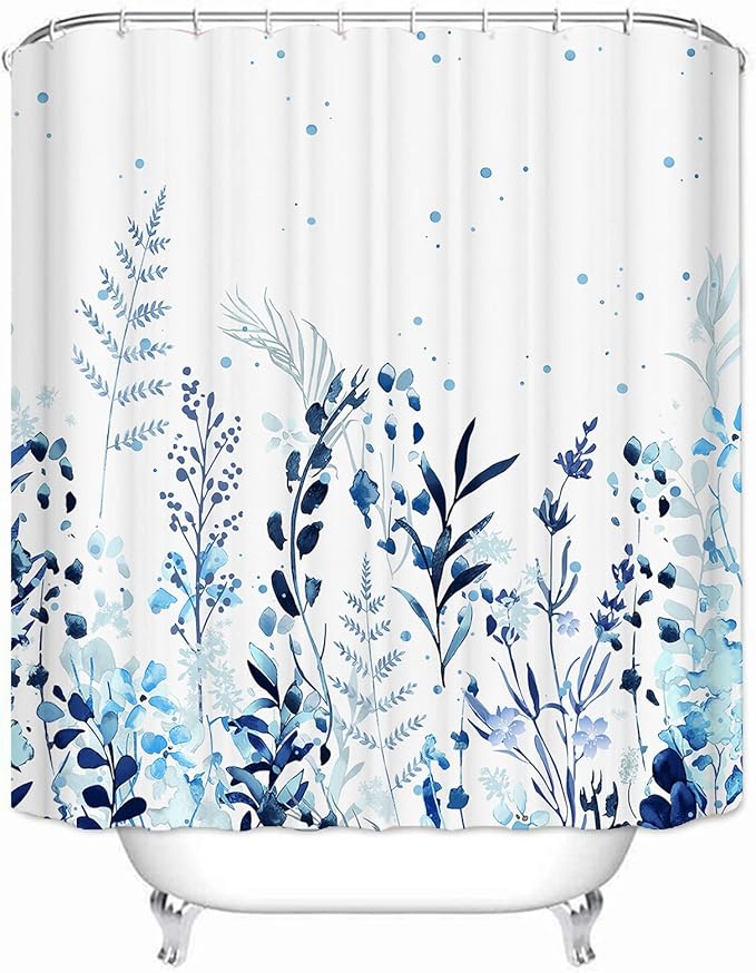Botanical Shower Curtain - Blue, Waterproof with 12 Hooks (72" x 72")
