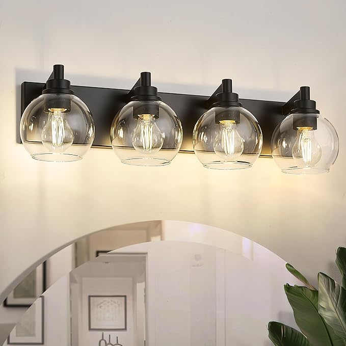 4-Light Matte Black Bathroom Vanity Light, Clear Glass Globe Shade | 26" modern bathroom light fixtures over mirror, E26 base, bulbs not included, VL195-MB-CL-4