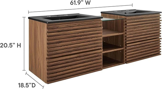 Modway Render 62 Inch Mid-Century Modern Floating Bathroom Vanity with Double Sink in Walnut Black – Wall-Mount Vanity with Storage Cabinet and Dual Ceramic Sinks