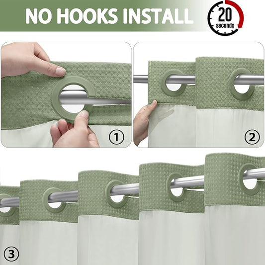 No Hook Shower Curtain with Liner Set Hotel Waffle Sage Green 72W X 81L | Washable Snap in Fabric Liner, Mesh Top Window, Waffle Hotel Style Shower Curtain Set