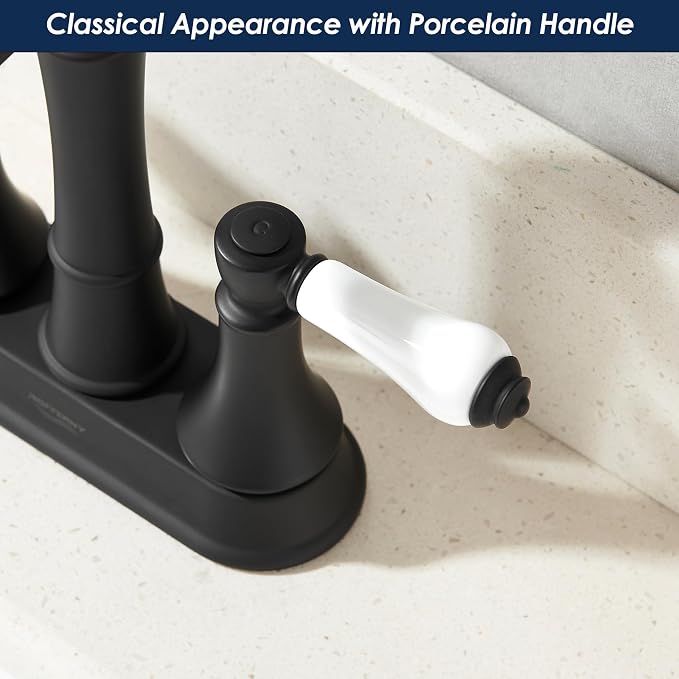 Porcelain 2-Handle Matte Black Bathroom Faucet 4 Inch Centerset | with Plastic Pop-up Drain, Classical Black Bath Lavatory Vanity Faucets for 2/3 Hole Sinks, High Arc 360° Swivel Brass Spout