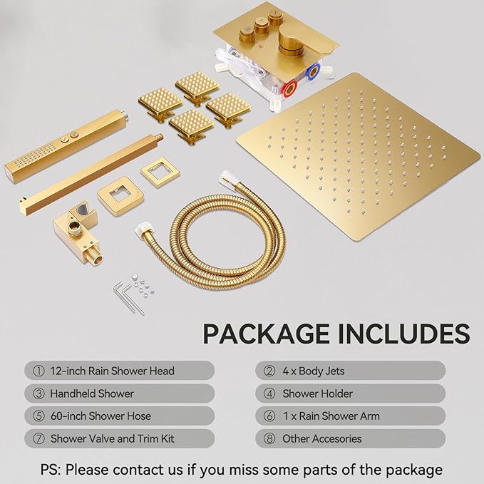 Brushed Gold Shower System with Body Jets, STARBATH 12" Rainfall Shower with 2 in 1 Handheld and 4 Body Jets, Can Use All at Once, Push Button Complete Shower Set with Valve and Trim Kit