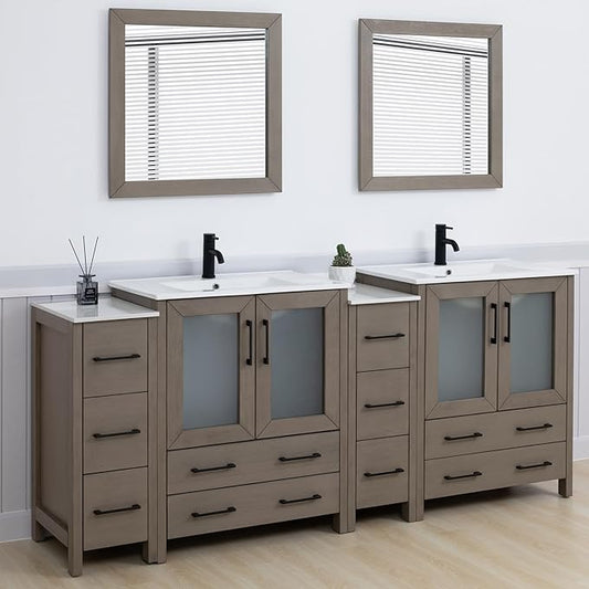 Vanity Art 84 Inch Under Mount Double Sink Bathroom Vanity Cabinet with 2 Mirrors, Ceramic Top Bathroom Cabinet Compact Set with 10 Dovetail Storage Drawers and Matte Black Handles, VA3030-84-DG