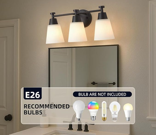 3 Light Bathroom Vanity Light, Modern Matte Black Stainless Steel Over Mirror Vanity Light Fixture with Frosted Glass, Wall Sconces Lighting for Bedroom Living Room