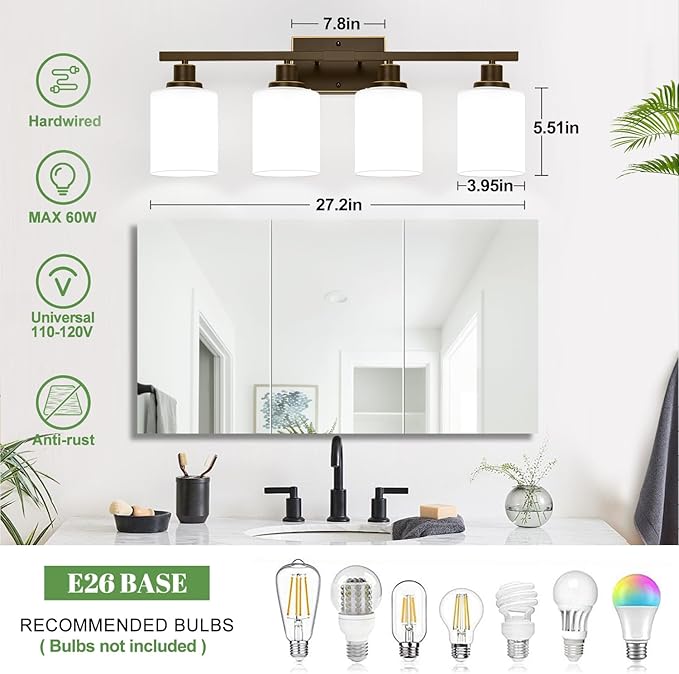 MOKATNG 4-Light Bathroom Light Fixtures, Vanity Light with Milky White Shades, Oil-Rubbed Bronze Bathroom Light Fixtures Over Mirror, Modern Bathroom Wall Lamp for Mirror Living Room Cabinet Bedroom