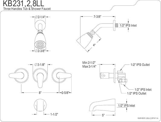 Kingston Brass KB238LL Tub and Shower Faucet with 3-Legacy Lever Handle, Satin Nickel,5-Inch Spout Reach