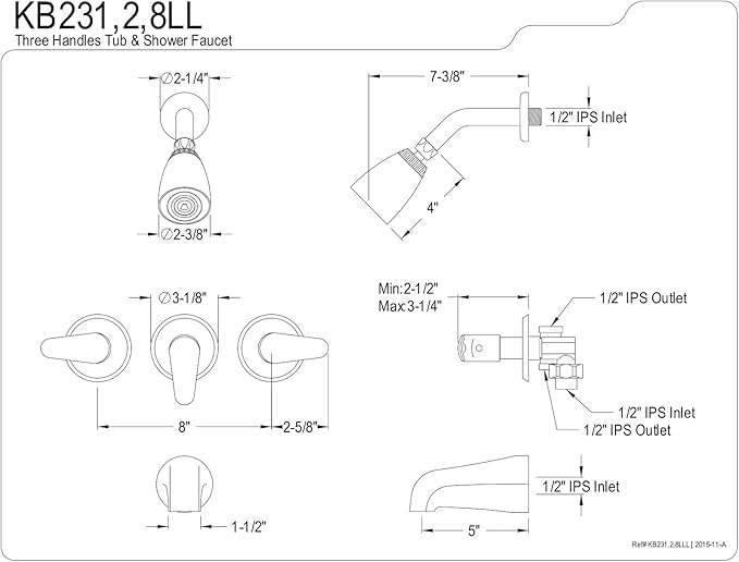 Kingston Brass KB232LL Tub and Shower Faucet with 3-Legacy Lever Handle, Polished Brass 5-Inch Spout Reach