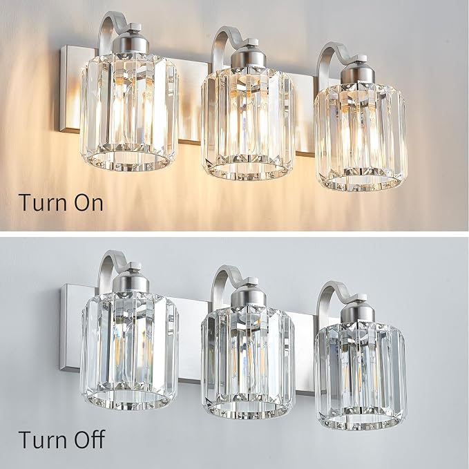 Modern Vanity Light 3-Lights Brushed Nickel Vanity Light Crystal Bathroom Wall Light Bathroom Light Fixtures with Round Shade (Exclude Bulb)