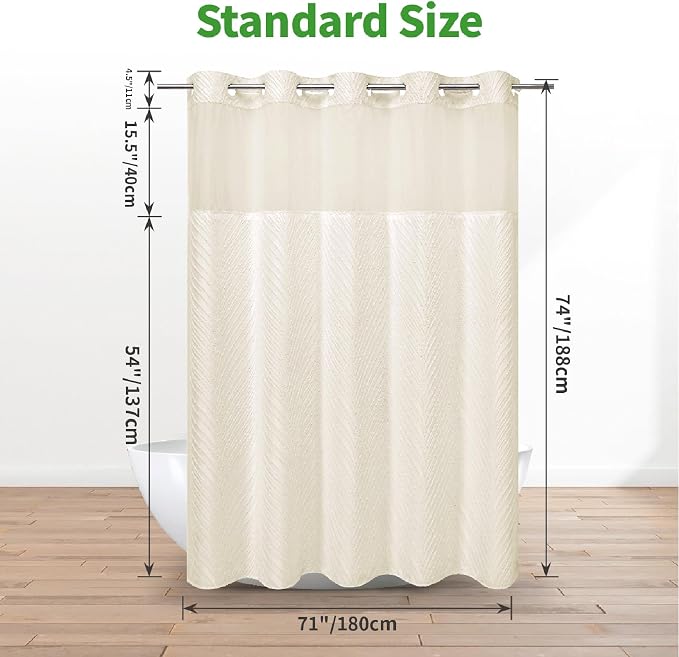 eachope Cream No Hook Tufted Shower Curtain with snap-in Liner for Bathroom, Boho Farmhouse Style with See Through Top Window, no Hook Shower Curtain and Liner Set, Beige/Cream, 71Wx74H