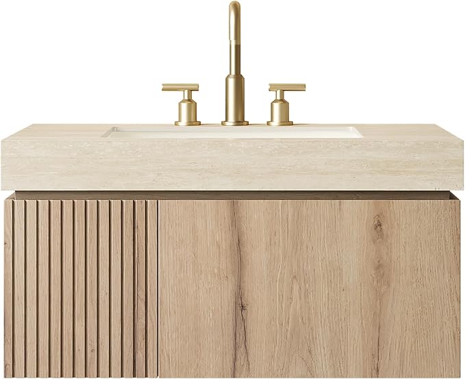 KEIKI 36 Inch Floating Bathroom Vanity with Sink, White Oak & Beige | Modern Wall Mounted Storage Cabinet w/ Drawer & Door, Pre-assembled Wood Panels, Sintered Stone Top & Ceramic Basin Combo Set