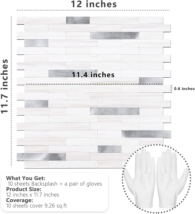 STICKGOO Peel and Stick Backsplash Tile, Stick on Backsplash for Kitchen and Bathroom, Dolomite White Marble Look PVC Mixed Metal Silver Self Adhesive Wall Tiles(10 Sheets)