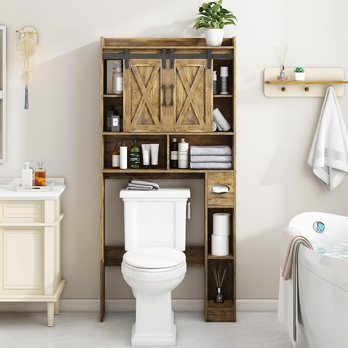 Vabches Over The Toilet Storage Cabinet with Sliding Doors, Rustic Brown | Farmhouse Storage Cabinet Over Toilet, Home Space-Saving Toilet Rack, Toilet Paper Holder Stand,for Restroom,Bathroom,Laundry